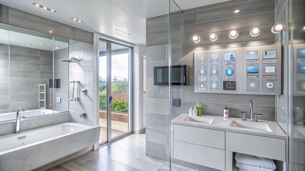 Modern bathroom with a bathtub, double sink vanity and smart home technology.